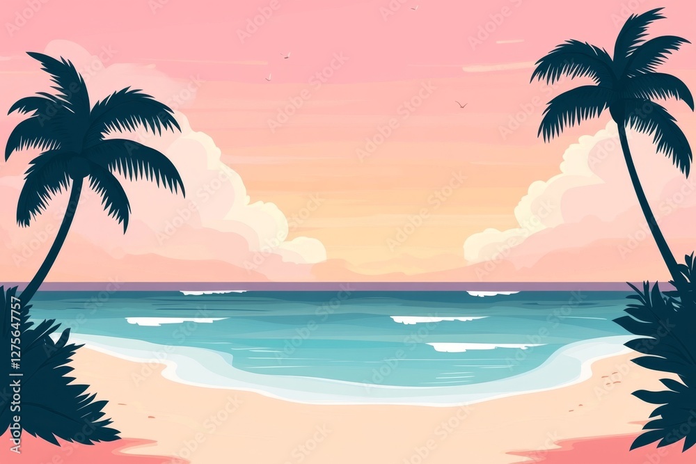 Obraz premium Pink sunset beach scene, palm trees, ocean waves, idyllic tropical background, vacation postcard
