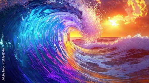 Vibrant Ocean Wave at Sunset: A Symphony of Colors