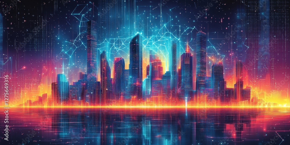 Fototapeta premium Connected City Skyline Vector Illustration Bright Vibrant Urban Landscape with Glowing Lights