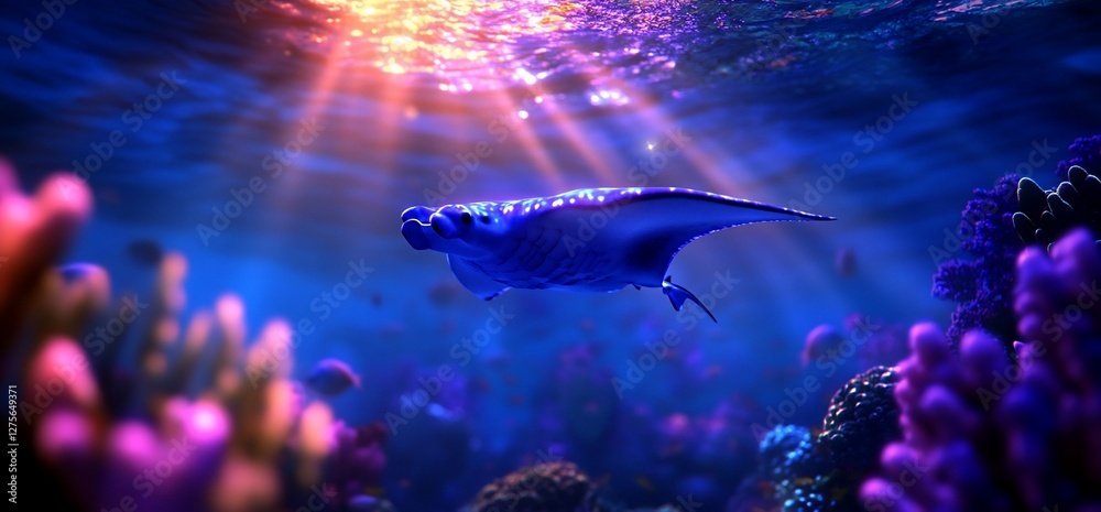 Fototapeta premium A Majestic Manta Ray Glides Through a Vibrant Underwater Coral Reef Scene