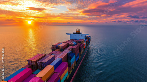 A cargo ship at sunset with vibrant skies and calm sea creates a tranquil maritime scene. AI generative photo