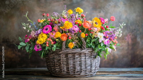 A colorful floral arrangement in a rustic basket showcases vibrant blooms and delicate petals. AI generative photo