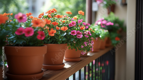 Wallpaper Mural Vibrant potted flowers arranged on wooden balcony railing with pink and orange blooms against green background. Perfect for home gardening, apartment decoration and urban plant concepts Torontodigital.ca