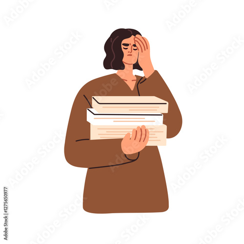 Tired employee holding documents stack. Overworked upset office worker overloaded and bored with business papers, paperwork, bureaucracy. Flat vector illustration isolated on white background