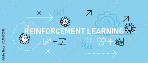 Reinforcement learning smart technology machine training adapting algorithm data system AI artificial intelligence learn processing development icon design illustration