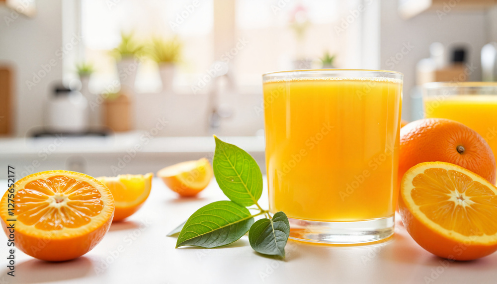 Freshly squeezed orange juice on kitchen counter with sunlight, refreshing drink Freshly squeezed orange juice on kitchen counter with sunlight, refreshing drink
