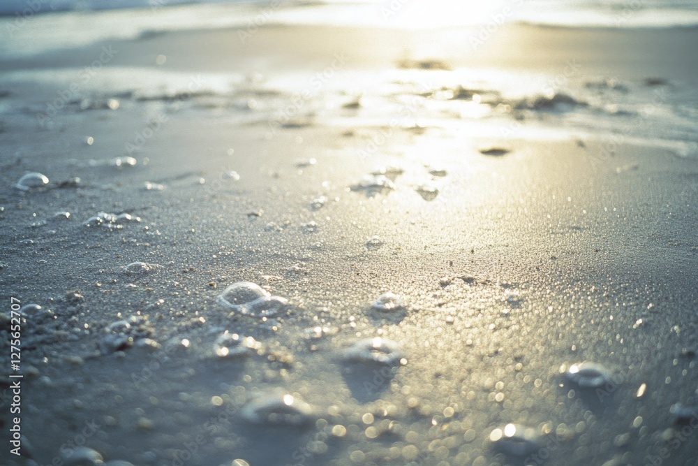 Sunlight dances lightly on wet sand, adorned with delicate bubbles, evoking tranquility and seaside calm. Sunlight dances lightly on wet sand, adorned with delicate bubbles, evoking tranquility and seaside calm.