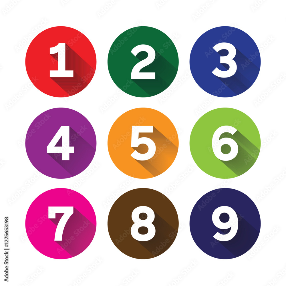 Long shadow numbers on multicolored circles Long shadow numbers on multicolored circles