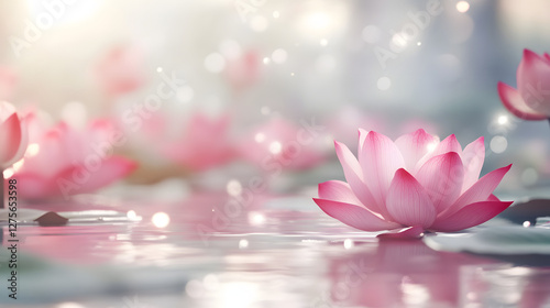 Peaceful water scene, serene pond with pink lotus flowers floating, soft lighting creates a tranquil atmosphere for reflection.