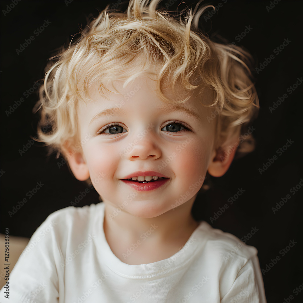 Happy smiling toddler with curly hair expressing joy in a cozy indoor setting during daylight Happy smiling toddler with curly hair expressing joy in a cozy indoor setting during daylight