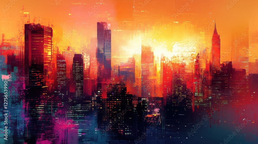 Vibrant Abstract Cityscape with Fiery Sunset and Urban Silhouettes for Modern Artwork Decoration Vibrant Abstract Cityscape with Fiery Sunset and Urban Silhouettes for Modern Artwork Decoration