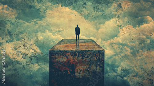 Human figure trapped in a repetitive loop, struggling to step beyond a threshold while surrounded by surreal clouds and a massive platform