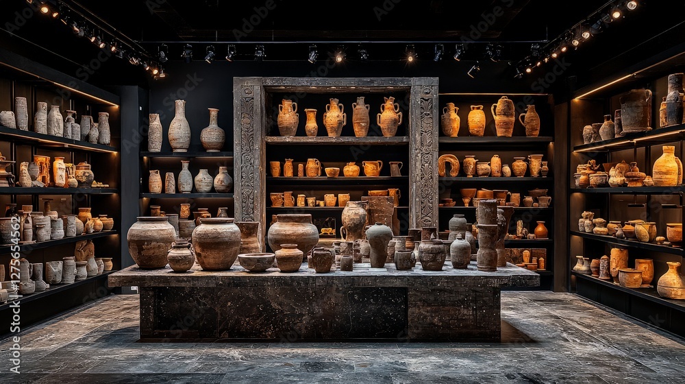 Ancient pottery display in museum exhibition hall Ancient pottery display in museum exhibition hall
