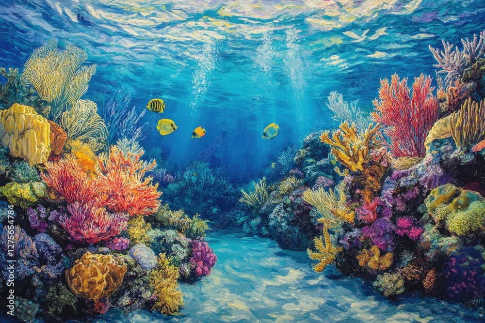 Naklejka premium Vibrant underwater scene showcasing diverse coral reefs and colorful fish, a breathtaking view of ocean life.