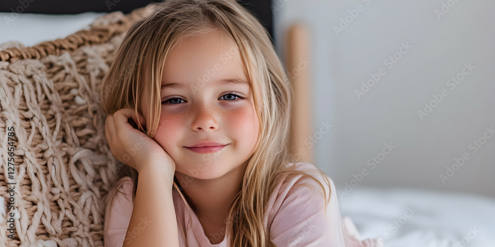 Young girl relaxes on cozy bed, exuding warmth and comfort in a softly lit room during a tranquil afternoon Young girl relaxes on cozy bed, exuding warmth and comfort in a softly lit room during a tranquil afternoon