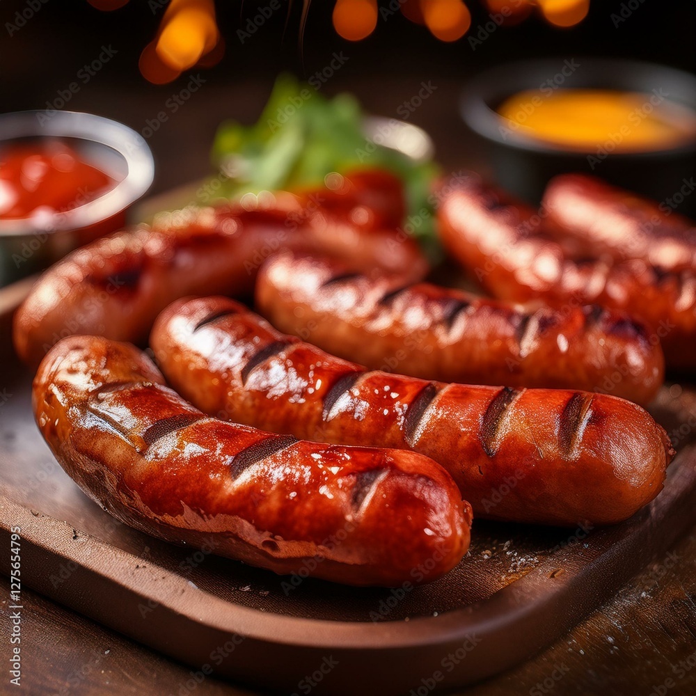 A close-up of freshly grilled sausages with a golden-brown, juicy texture, glistening with natural juices, served hot and ready to eat A close-up of freshly grilled sausages with a golden-brown, juicy texture, glistening with natural juices, served hot and ready to eat