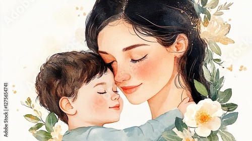 young mother hugs her child watercolor painting illustration art  ai generated 