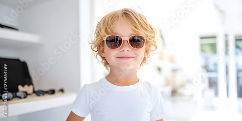 Young child wearing stylish sunglasses inside a bright store showcasing trendy eyewear and accessories