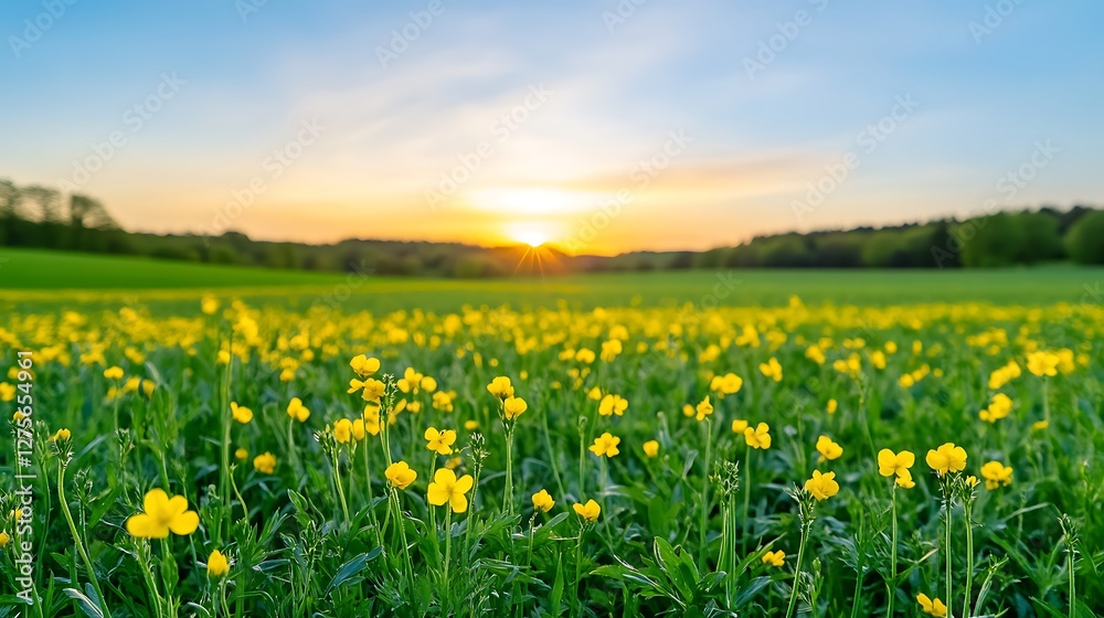 Fototapeta premium Sunset over a field of yellow wildflowers.