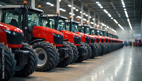 New red tractors lined up in row at factory. Precise lineup agricultural machinery showcasing latest advancements farming tech. Heavy industrial equipment for agribusiness. Tractor exhibition.