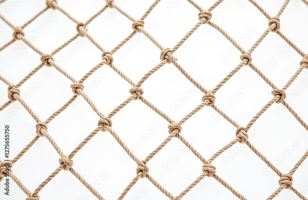 Fototapeta premium Rope grid with square form isolated on white. Beige cord texture with knots, nautical style backdrop. Rustic vintage netting design element. Transparent marine pattern.