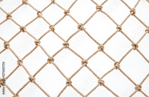 Rope grid with square form isolated on white. Beige cord texture with knots, nautical style backdrop. Rustic vintage netting design element. Transparent marine pattern.