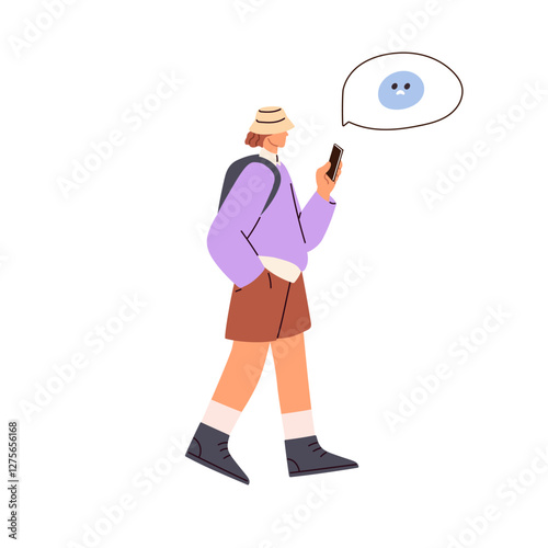 Walking, chatting online. Going, holding, looking at phone in hand, sad emoji reaction in message. Reading negative news on smartphone. Flat vector illustration isolated on white background