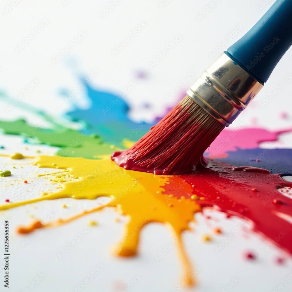Fototapeta premium Close up of a paintbrush splattering colorful paint on a blank canvas, paintbrush, craft