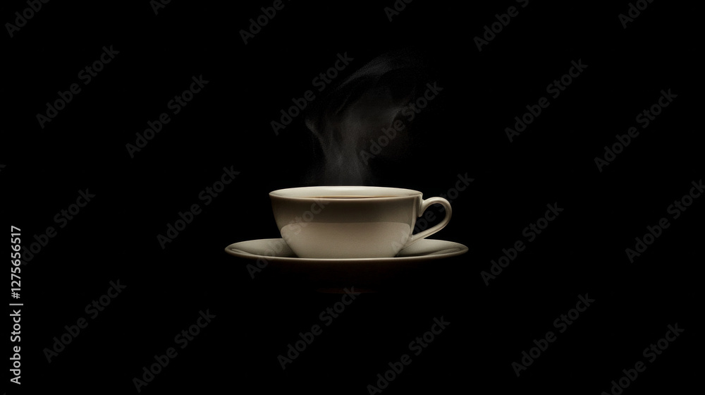 Steam rises from an isolated coffee cup on a saucer against a dark background creating a cozy atmosphere Steam rises from an isolated coffee cup on a saucer against a dark background creating a cozy atmosphere