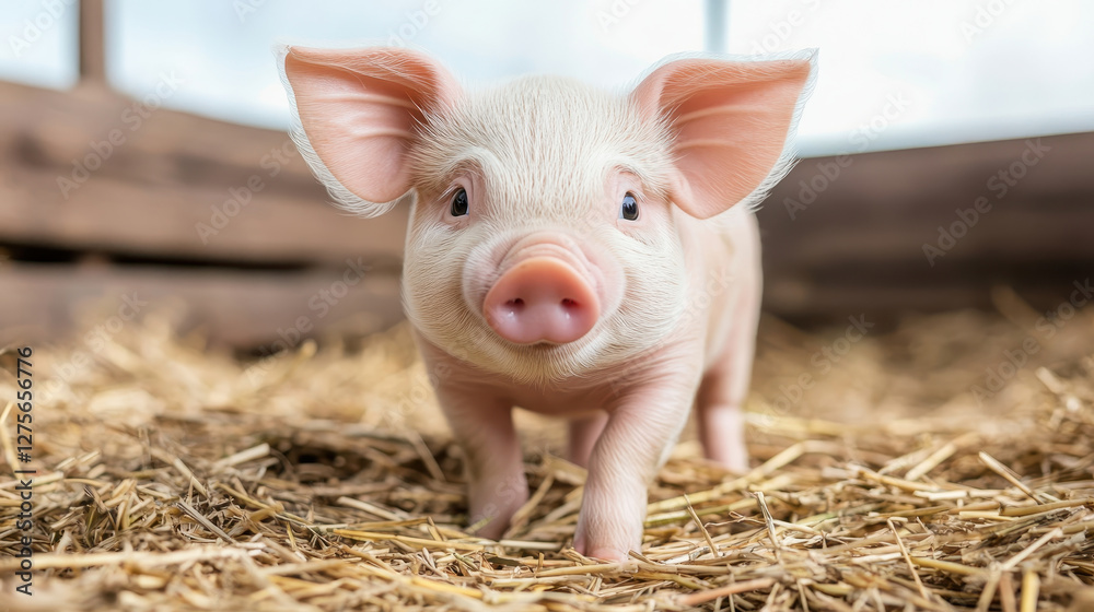 Curious piglet looking directly at camera, surrounded by straw Curious piglet looking directly at camera, surrounded by straw