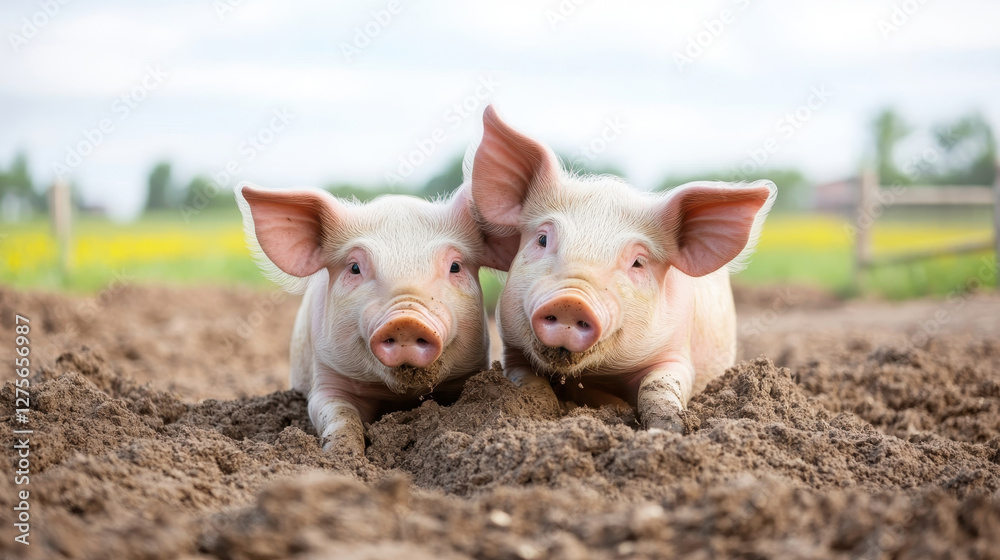 Pigs playing and digging in soft soil, enjoying their free range environment. Their playful nature brings joy to farm setting Pigs playing and digging in soft soil, enjoying their free range environment. Their playful nature brings joy to farm setting