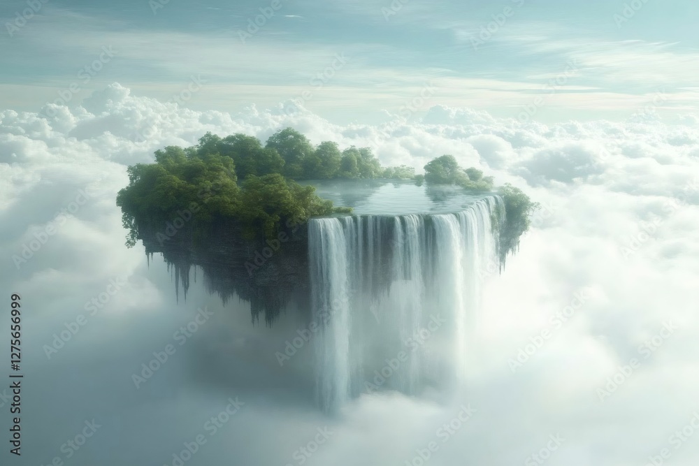 Fototapeta premium Flying island with waterfall falling into the clouds, surreal landscape
