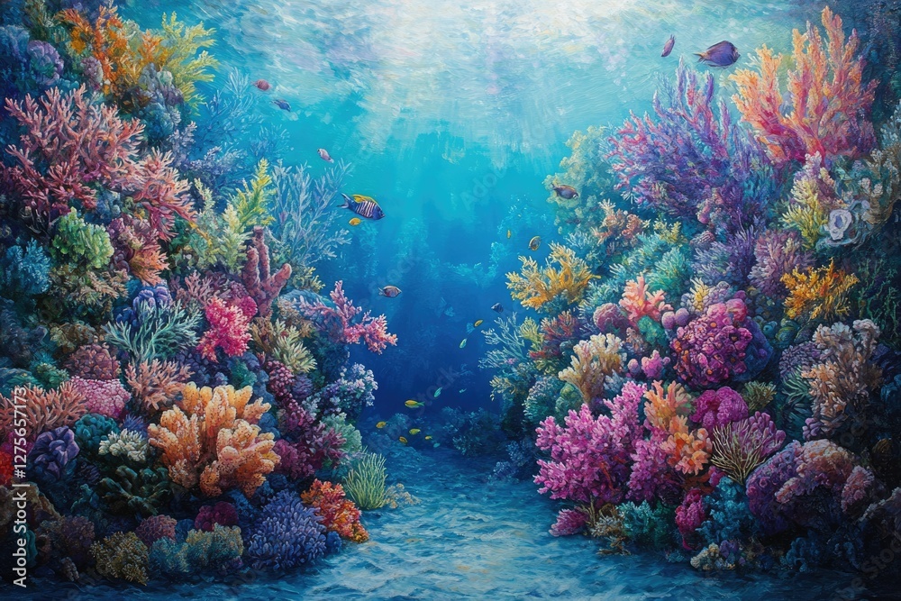 Naklejka premium Vibrant coral reef teeming with diverse marine life, a breathtaking underwater scene.