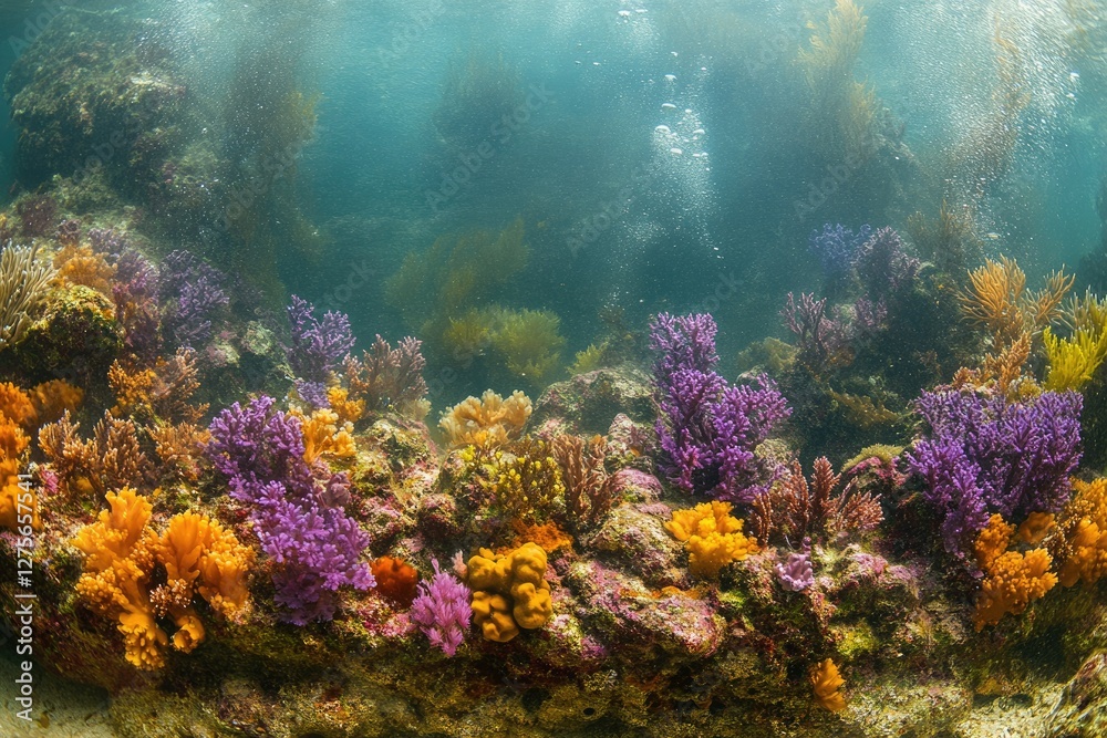 Naklejka premium Vibrant underwater scene showcasing diverse coral species in a sunlit ocean habitat.