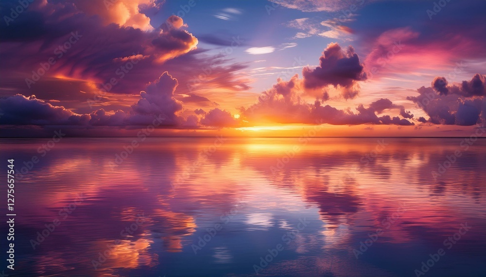 Obraz premium A surreal sunset over a glassy ocean, with the sky painted in vibrant shades of pink, purple, and orange, creating a dreamlike and peaceful atmosphere.