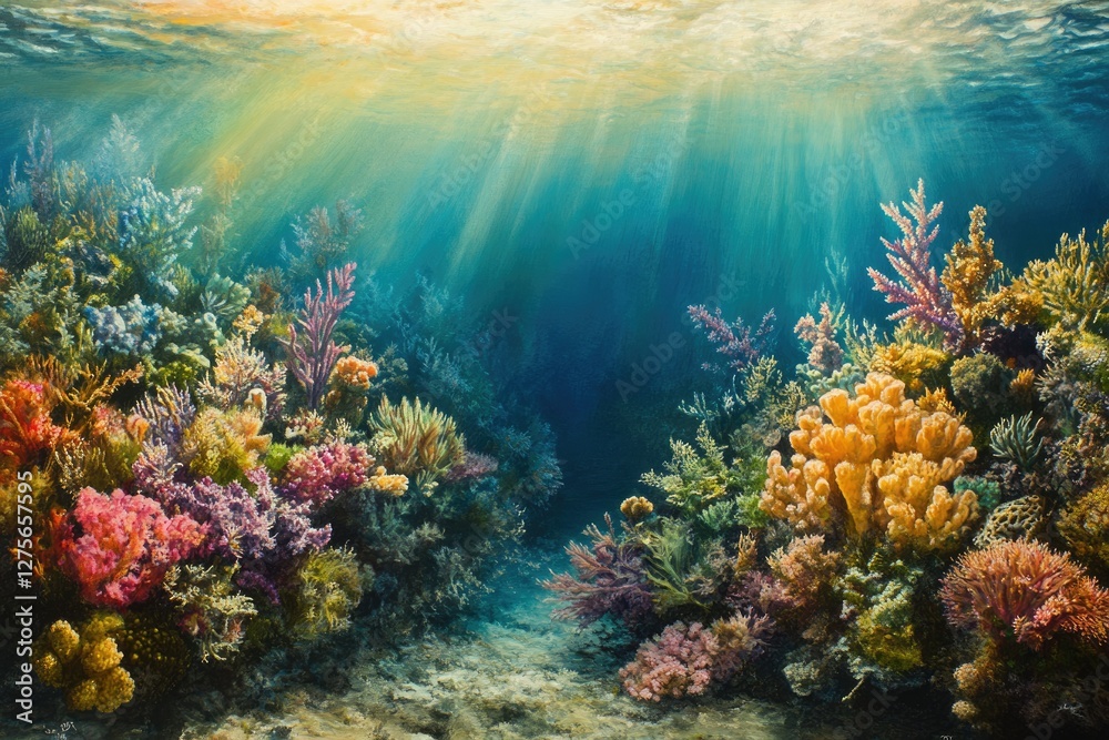 Vibrant underwater scene showcasing a diverse coral reef ecosystem bathed in sunlight. Vibrant underwater scene showcasing a diverse coral reef ecosystem bathed in sunlight.