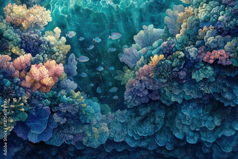 Vibrant underwater scene showcasing diverse coral formations and various fish species swimming amidst them. Vibrant underwater scene showcasing diverse coral formations and various fish species swimming amidst them.