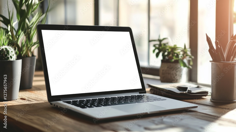 Mockup of a laptop with a blank screen on a wooden desk surrounded by green plants in a bright indoor setting