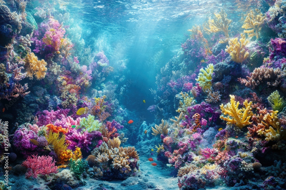 Naklejka premium Vibrant underwater scene showcasing a diverse coral reef teeming with colorful corals and fish.
