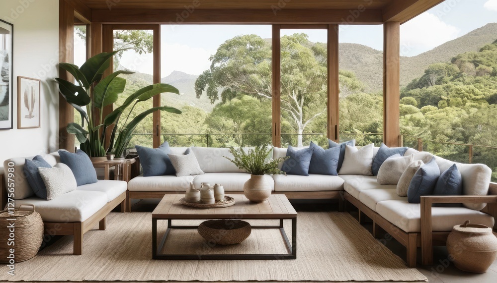 A Serene Living Area with Soft Textiles, Wooden Accents, and a Lush Outdoor View A Serene Living Area with Soft Textiles, Wooden Accents, and a Lush Outdoor View