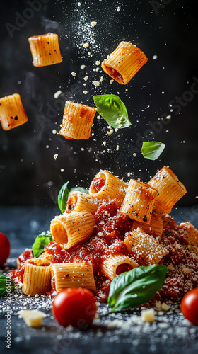 Delicious rigatoni pasta with sauce, basil, and tomatoes, flying in the air. photo