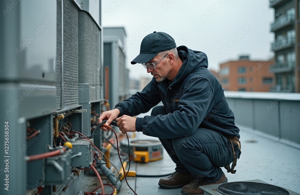 Focused technician performs intricate wiring connections of HVAC system on building rooftop. Man showcases expertise, concentration amid urban setting on contemporary building. Focused technician performs intricate wiring connections of HVAC system on building rooftop. Man showcases expertise, concentration amid urban setting on contemporary building.