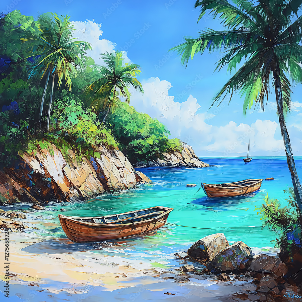 Obraz premium Serene tropical beach with boats, palm trees, and crystal-clear turquoise water.