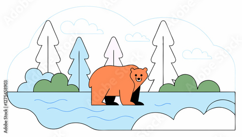 Brown bear emerging from a riverbank in a wild forest, vector art