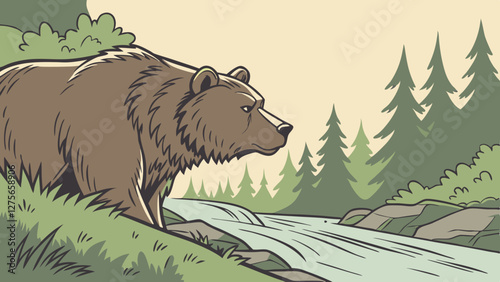 Brown bear emerging from a riverbank in a wild forest, vector art