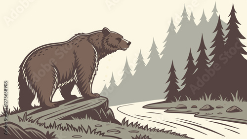 Brown bear emerging from a riverbank in a wild forest, vector art