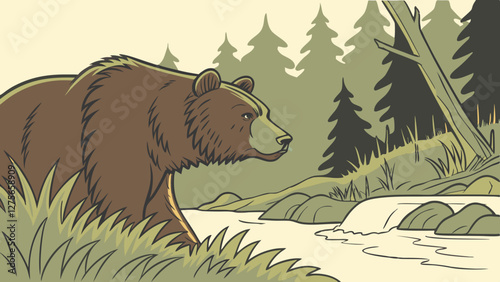 Brown bear emerging from a riverbank in a wild forest, vector art