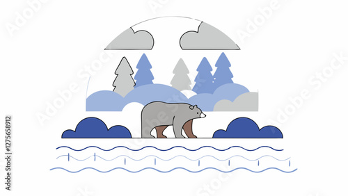 Brown bear emerging from a riverbank in a wild forest, vector art