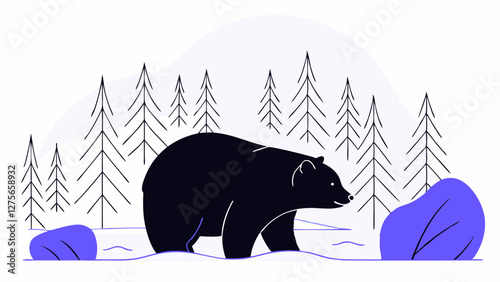 Brown bear emerging from a riverbank in a wild forest, vector art