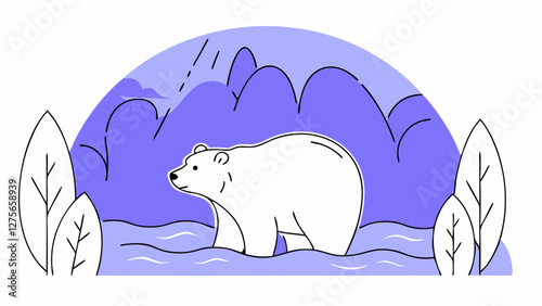 Brown bear emerging from a riverbank in a wild forest, vector art